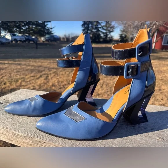 John Fluevog Blue Modern Living Slant Heels with Ankle Strap Women’s Size 8 - Picture 2 of 5